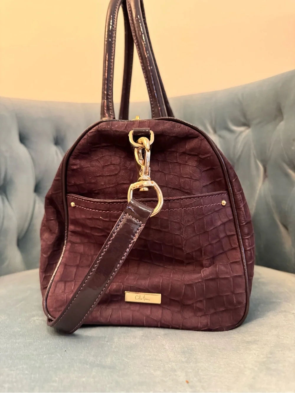 Cole Haan Plum Croc-Embossed Satchel with Detachable Strap